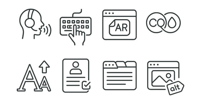 Line vector icons of mobile accessibility tools: voice command, text size, high contrast, magnifier icon, vibration alert, accessibility shortcut, speech-to-text, reading mode.