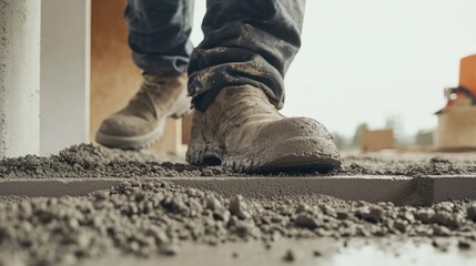 Builder leveling concrete at a construction site. Featuring attention to detail and focus