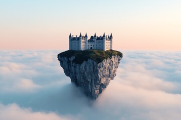 A floating castle above the clouds at dawn.