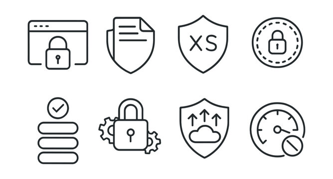 Line vector icons of security protocols: HTTPS lock, CSP policy, XSS shield, secure token, authentication layer, encryption padlock, DDoS icon, rate limiter.