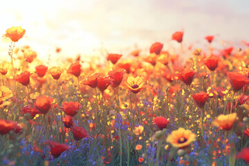 Vibrant poppy field bathed in golden sunlight.