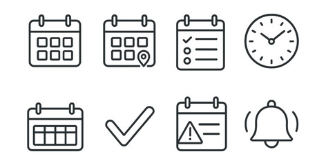 Set of calendar, checklist, clock, location, alarm, warning, bell, check mark icons.