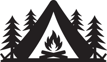 Obraz premium Camping Adventure Silhouette With Tent Bonfire And Pine Trees Graphic Design