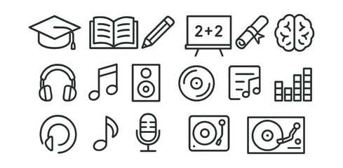 Set of icons: graduation cap, book, pencil, blackboard, diploma, brain, headphones, music note, speaker.