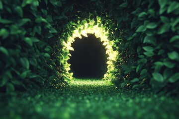 A pathway through lush, illuminated foliage.