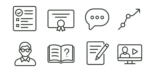 Set of icons including checklist, certificate, chat bubble, graph, person, book, notepad, video.