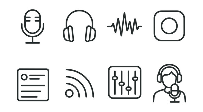 Line vector icons of podcasts: microphone, headphones, podcast wave, recording button, episode list, RSS icon, soundboard, podcast host.