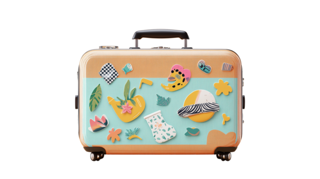 Travel suitcase with summer stickers, flat lay style, PNG transparent background, hyper-realistic