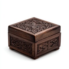 Carved wooden box with floral design on a white background.