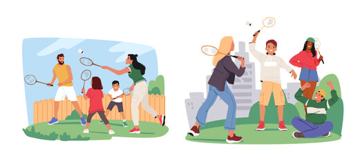 Active family with children and group of friends playing badminton outdoors in park cartoon set