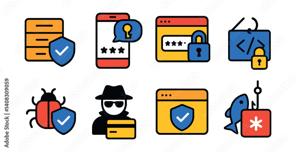 Poster set of security icons including password protection, malware, hacker, phishing, secure browsing, cod