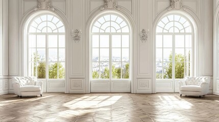 Fototapeta premium Bright and airy interior space with large windows and scenic outdoor view showcasing natural light and elegant decor