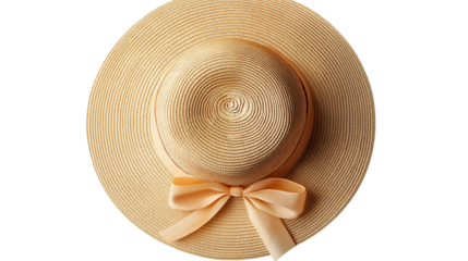 Straw sun hat with decorative ribbon, realistic shadowless top view, isolated on white, PNG format