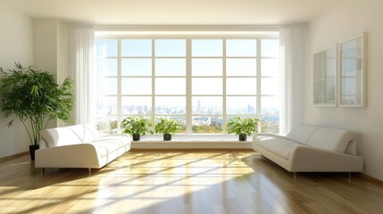 Fototapeta premium Bright and airy living room with large windows overlooking the city skyline during daytime