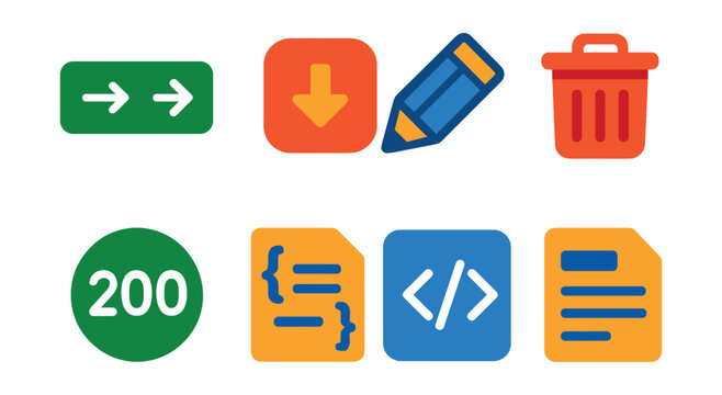 Set includes arrows, download, pencil, trash, 200, curly brackets, code, document.