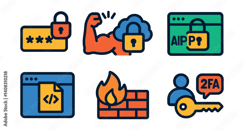 Poster set of security icons: password lock, cloud, data protection, coding, firewall, 2fa.