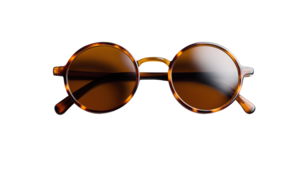 Flat lay of a pair of vintage round sunglasses, isolated on white background, PNG format, hyper-detailed, top view, cinematic lighting