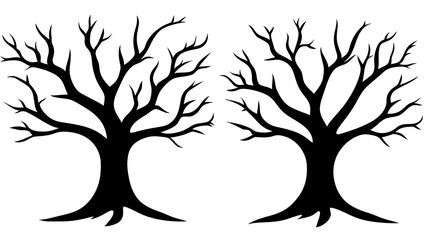 Obraz premium Two silhouetted, bare winter trees against a white background.