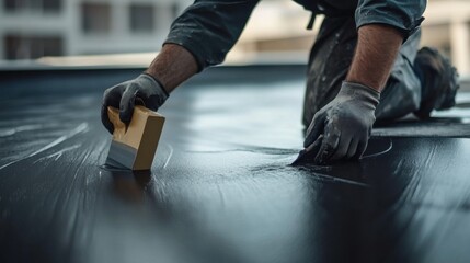 Fototapeta premium Roofing contractor applying protective coating on roof. Featuring expertise and attention to detail