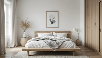 Fototapeta premium Tranquil Scandinavian-inspired bedroom with neutral tones, natural wood platform bed, soft linens, and minimalist decor promoting calm and clutter-free living.