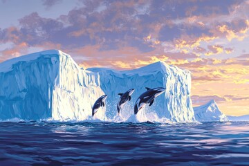Three orcas leap playfully near a majestic iceberg during a breathtaking arctic sunset.