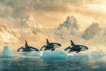 Fototapeta premium Three orcas leap playfully over icy waters, majestic mountains forming a breathtaking backdrop.