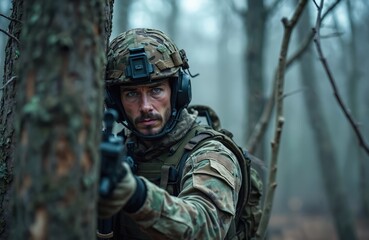 Fototapeta premium Soldier in camouflage uniform, forest background. Armed man holds rifle, prepares for combat. Forest ambush military operation, war, conflict, special forces, modern warfare, military tech.