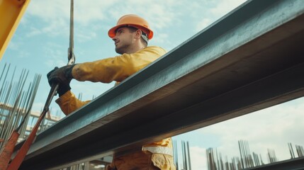 Builder lifting steel beams at a construction site. Featuring teamwork and strength