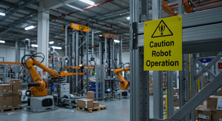 Automated Production Line With Warning Sign At Modern Distribution Warehouse