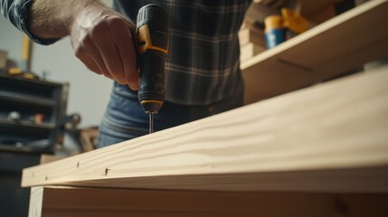 Carpenter assembling wooden shelves in a home workshop. Featuring craftsmanship and attention to detail