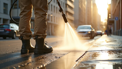 Obraz premium Man cleaning sidewalk in early morning sun. Pro uses high pressure washer, removing dirt, grime. City street maintenance, cleanliness. Urban worker, service, municipal works, job, city life.