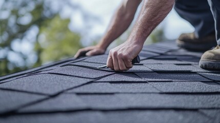 Roofing contractor checking roof integrity with tool. Featuring expertise and care