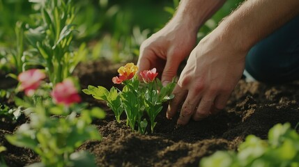 Landscaping worker planting flowers in a public park garden. Featuring care and green thumb