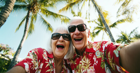 Un couple de seniors en vacances, heureux, prenant un selfie en extérieur, portant des chemises hawaïennes rouge vif, des lunettes de soleil, concept de retraite joyeuse.