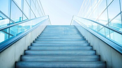 Modern glass stairs leading to a bright sky in an urban environment, showcasing contemporary architectural design