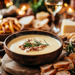 Delicious creamy soup with herbs and bread.
