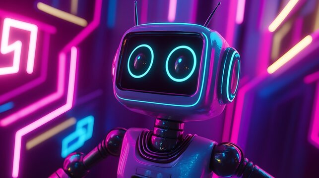 Robot with a joyful expression standing on a glowing neon backdrop