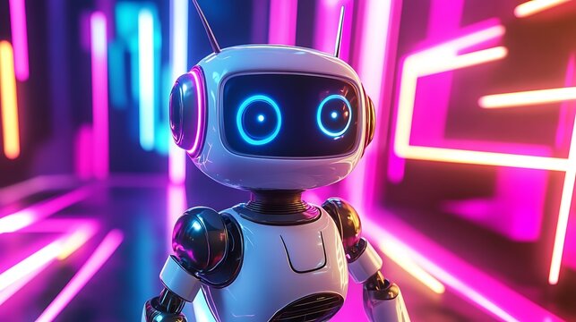 Robot with a joyful expression standing on a glowing neon backdrop