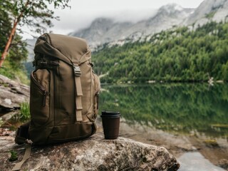 Adventurers enjoy a quiet moment by a serene lake while sipping coffee in the mountains at sunrise