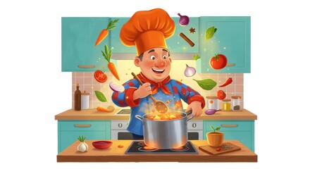 Colorful illustration of a happy chef joyfully cooking. Ingredients float magically around the pot, symbolizing creativity, flavor, and the magic of passionate cooking.