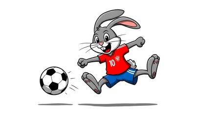 Fun illustration of a cheerful bunny playing soccer. Wearing a red and blue uniform, he runs excitedly while kicking a ball, showing energy, joy, and sporty spirit.