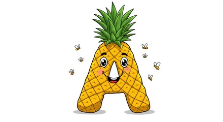 
Fun cartoon letter "A" shaped like a pineapple with a smiling face and surrounded by cute bees. The illustration is cheerful, colorful, and perfect for kids or educational themes.