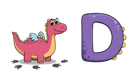 A cute pink dinosaur with yellow spikes and tiny blue wings stands happily beside a large purple letter D. The dinosaur leaves little footprints, creating a playful and colorful alphabet scene.