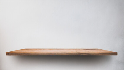 Empty wooden rustic brown shelf on white wall background. Pedestal for product display. Mock-up.