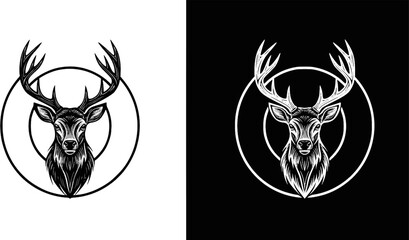 Monochrome deer head silhouette with antlers in a circular emblem design.
