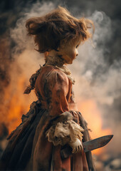 Fototapeta premium creepy side view of a cursed antique female doll with messy hair, rotting dress, and a twisted smile, holding a rusty knife