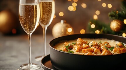 Festive meal with champagne and decor lights.