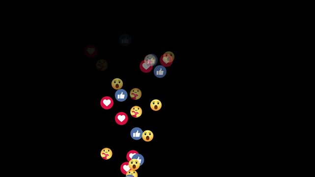 Social media emojis of hearts, smilies, thumbs-up angry, wow, fuuny and likes animation flying moving upwards direction while chatting and streaming