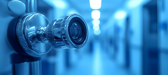 Fototapeta premium Gastroenterology: An endoscopic camera tip rendered on the left side in crisp focus, with the remaining space left blank and softly defocused