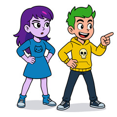 Vector boy and girl characters looking and pointing